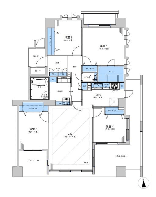用賀 ペットと暮らせる角部屋!L字バルコニー付きの100㎡超え4LDK 間取り図