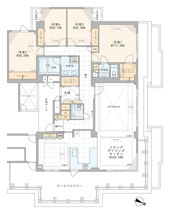 市ヶ谷　最上階の3方角住戸！ルーフバルコニー付x177㎡の開放感溢れる4LDK 間取り図