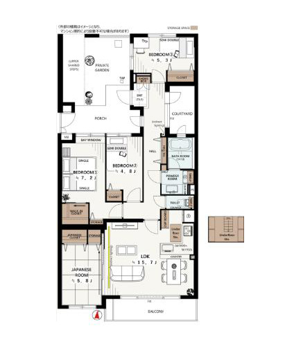 永福町　閑静な住宅街に佇む低層レジデンス、専用庭＆中庭付きの90㎡超4LDK 間取り図