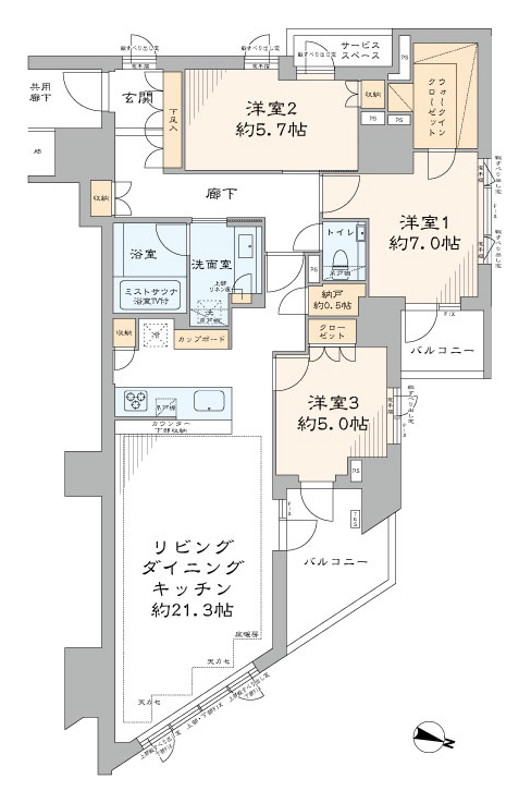 神楽坂　ナチュラルモダンの落ち着く住まい、90㎡超の3方角部屋 間取図