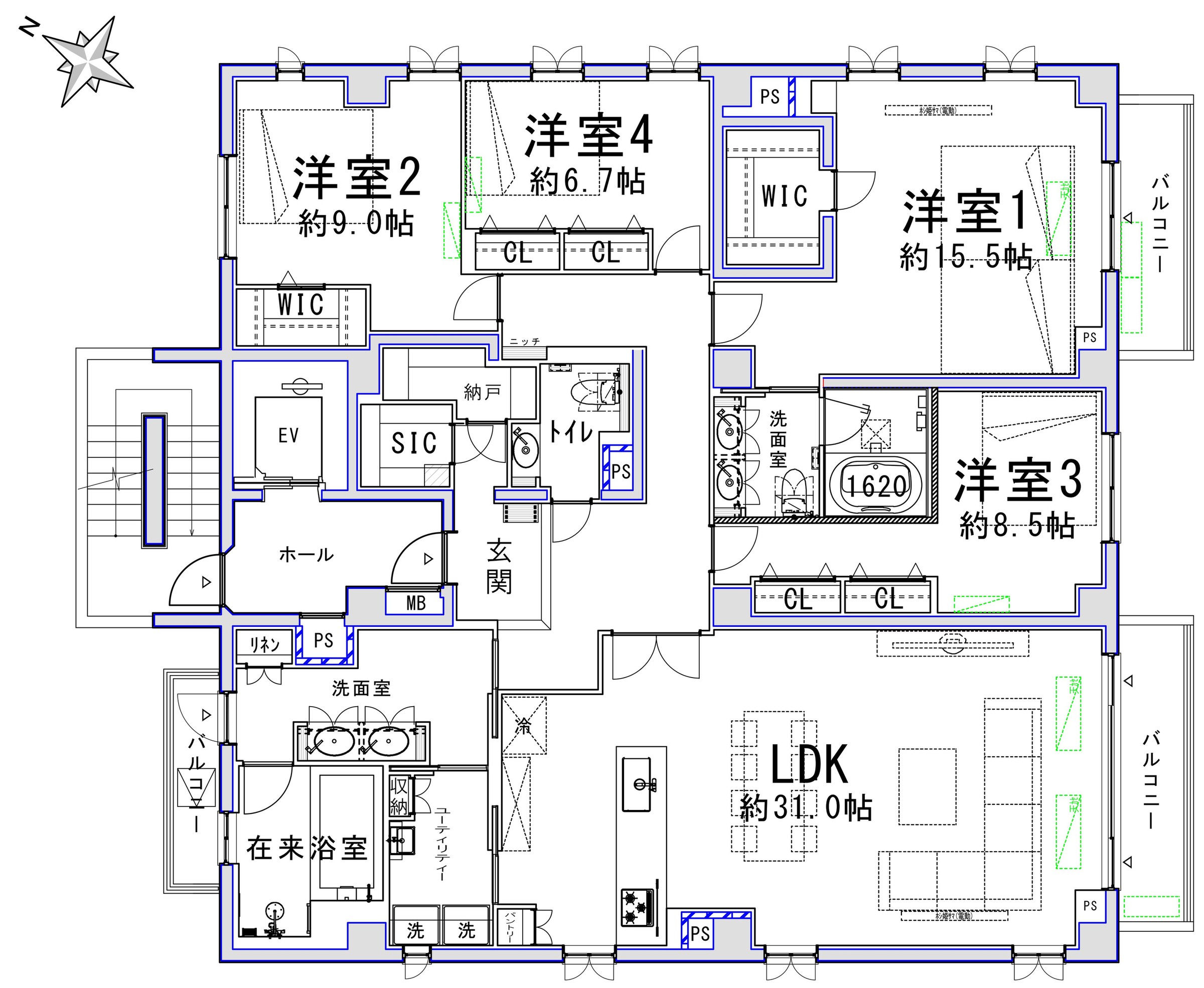 市ヶ谷　1フロア1住戸！180㎡超・4面採光の贅沢な4LDK 間取り図