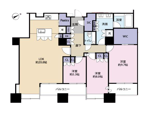 東京ツインパークスレフトウィング　42階の100㎡超3LDK、浜離宮を望む開放的な住まい 間取り図