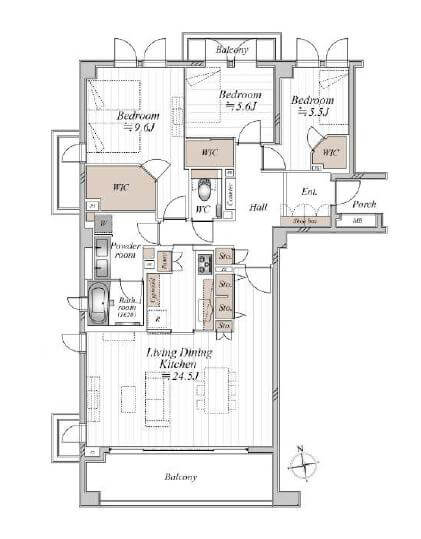 自由が丘　112㎡3LDK、陽に包まれる最上階三方角部屋 間取図