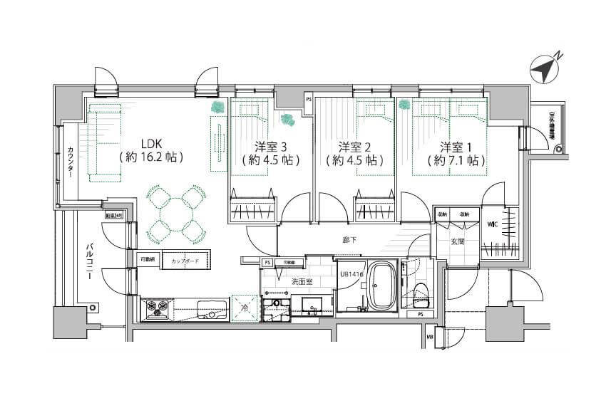 八丁堀　リバーサイドマンションの3LDK角住戸 間取り図