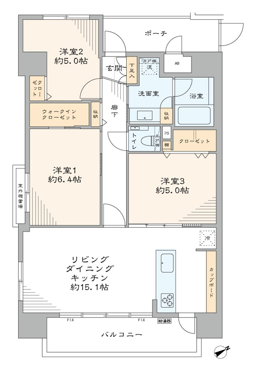 新富町　隅田川を望む、開放的な3方角部屋 間取り図