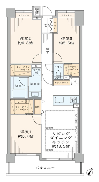 水天宮前　日当たり・眺望良好！全居室WIC付きの3LDK 間取図