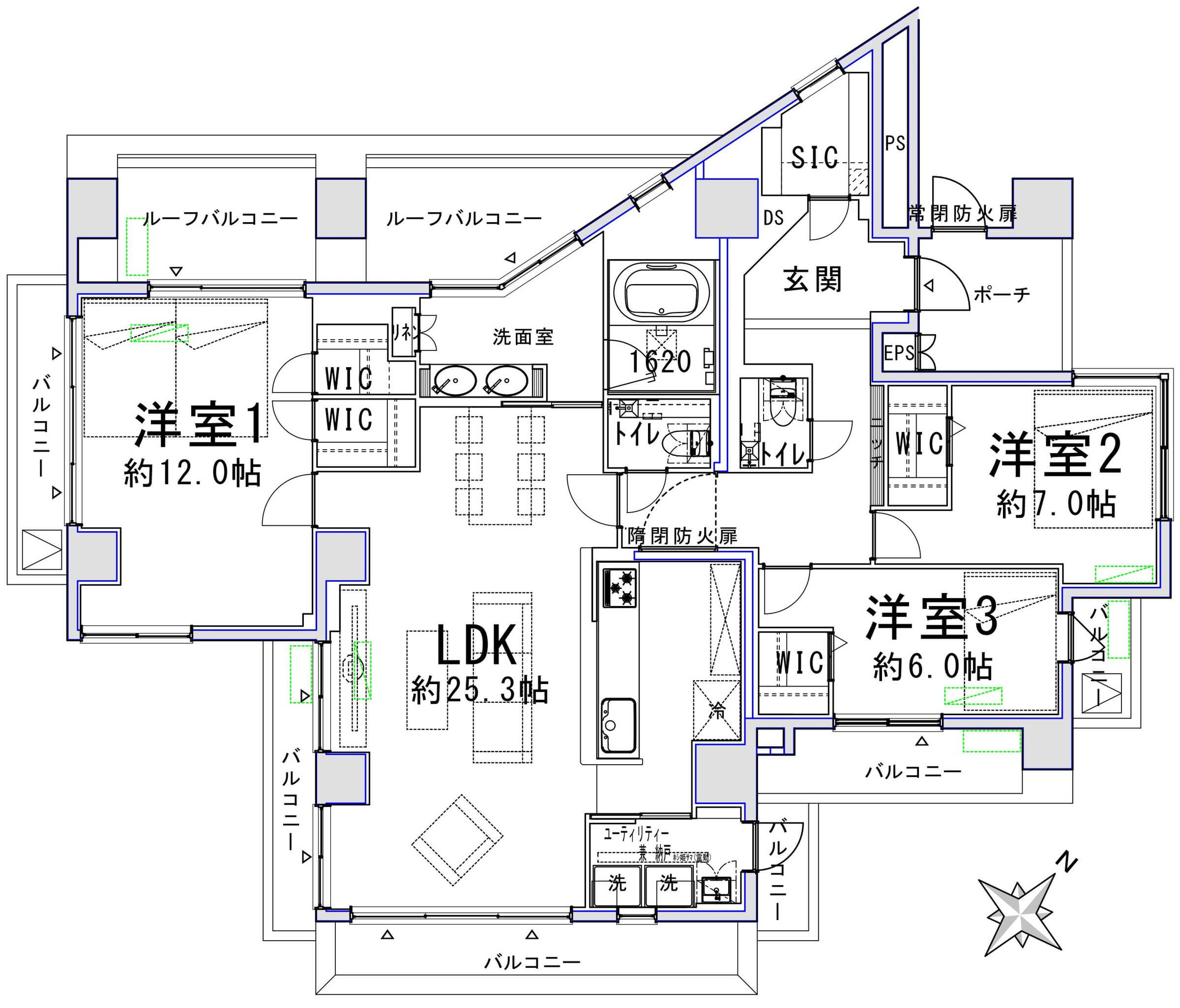 茗荷谷　四方角部屋、開放的な広さと収納豊富な3LDK 間取図