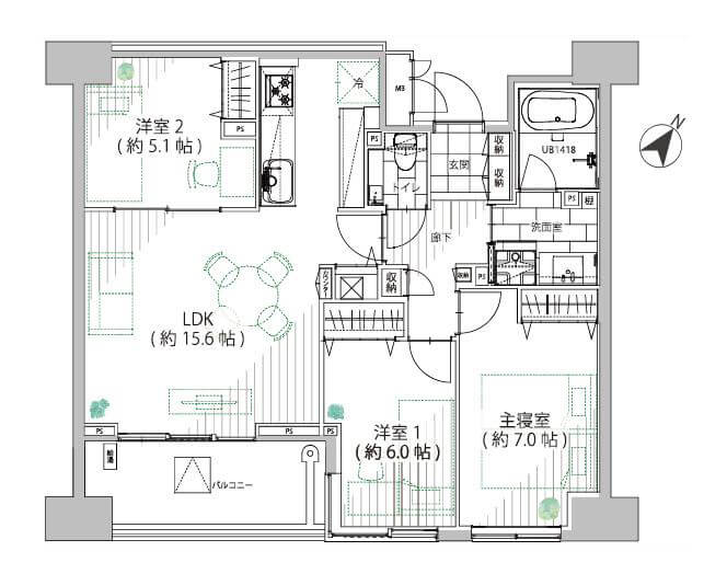 用賀　日当たり・眺望良好な3LDK 間取図
