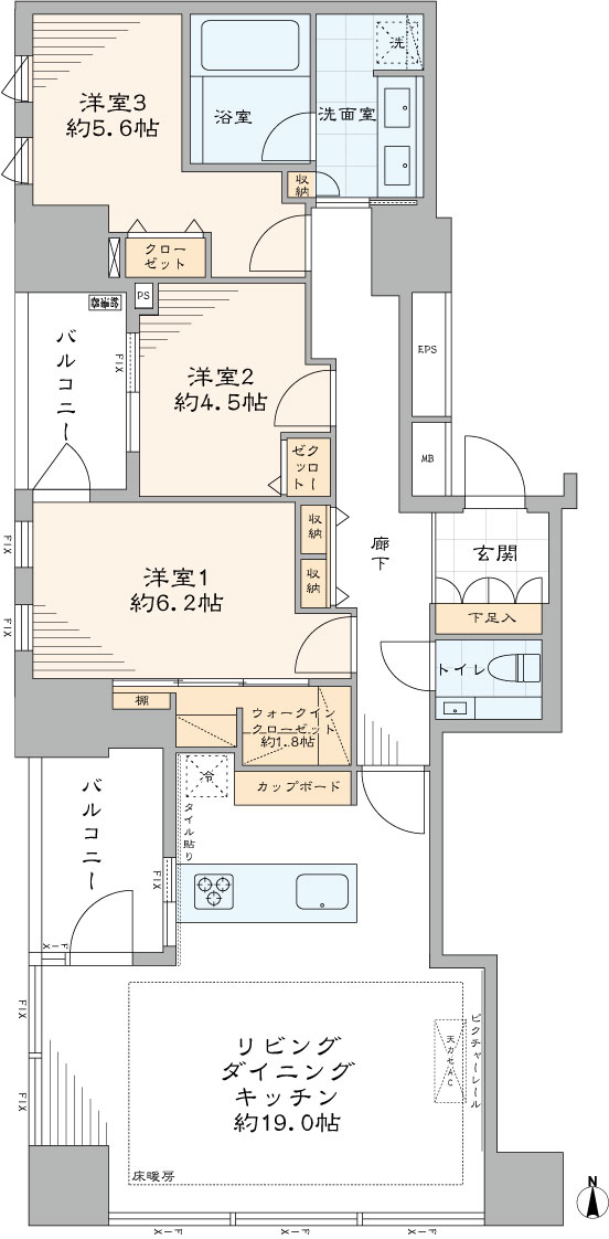 コートレジデントタワー　小石川後楽園隣接、90㎡超の開放感溢れる南西角住戸 間取図