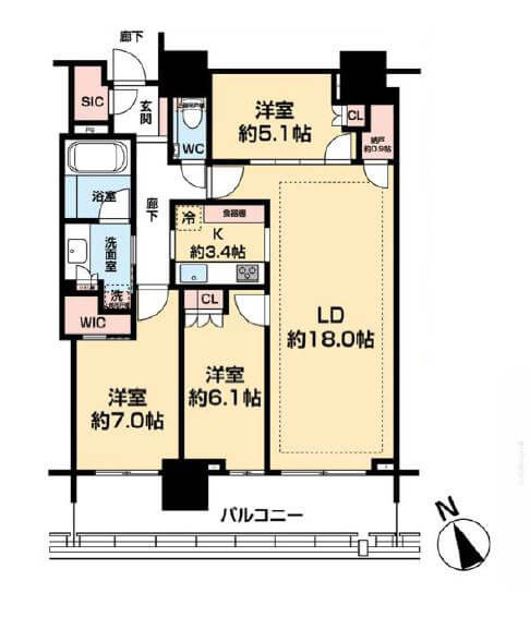 ブランズタワー芝浦　眺望良好な13階部分の3LDK 間取り図