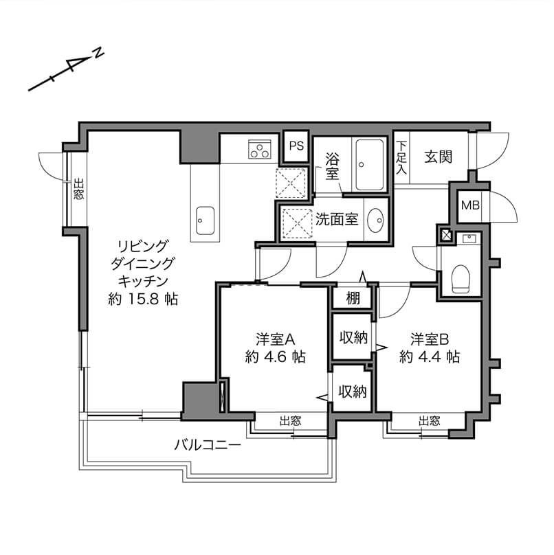 麻布十番 都心部でありながら買い物環境良好、角部屋2LDK 間取り図