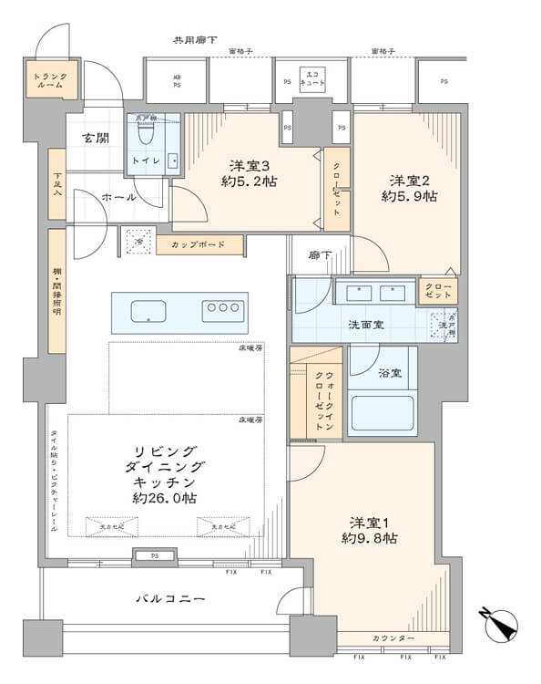 勝どき　レインボーブリッジ・東京タワーを望む54階部分100㎡超えの3LDK 間取り図