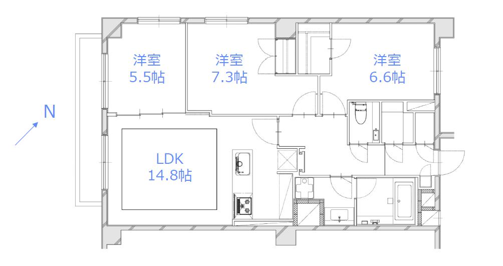 恵比寿 三方角住戸、光と利便性に恵まれたヴィンテージマンション 間取り図