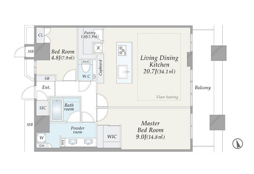 芝浦アイランドグローヴタワー 46階2LDK、運河と空が織りなすパノラマビュー 間取り図