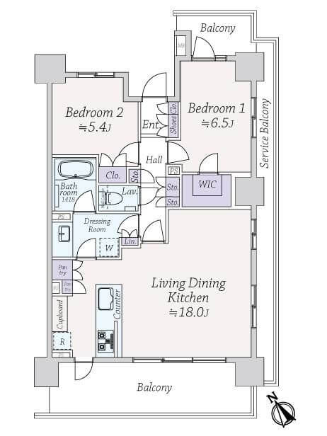 クレヴィアタワー目黒不動前　3方向角部屋、陽当たり・眺望良好の2LDK 間取り図