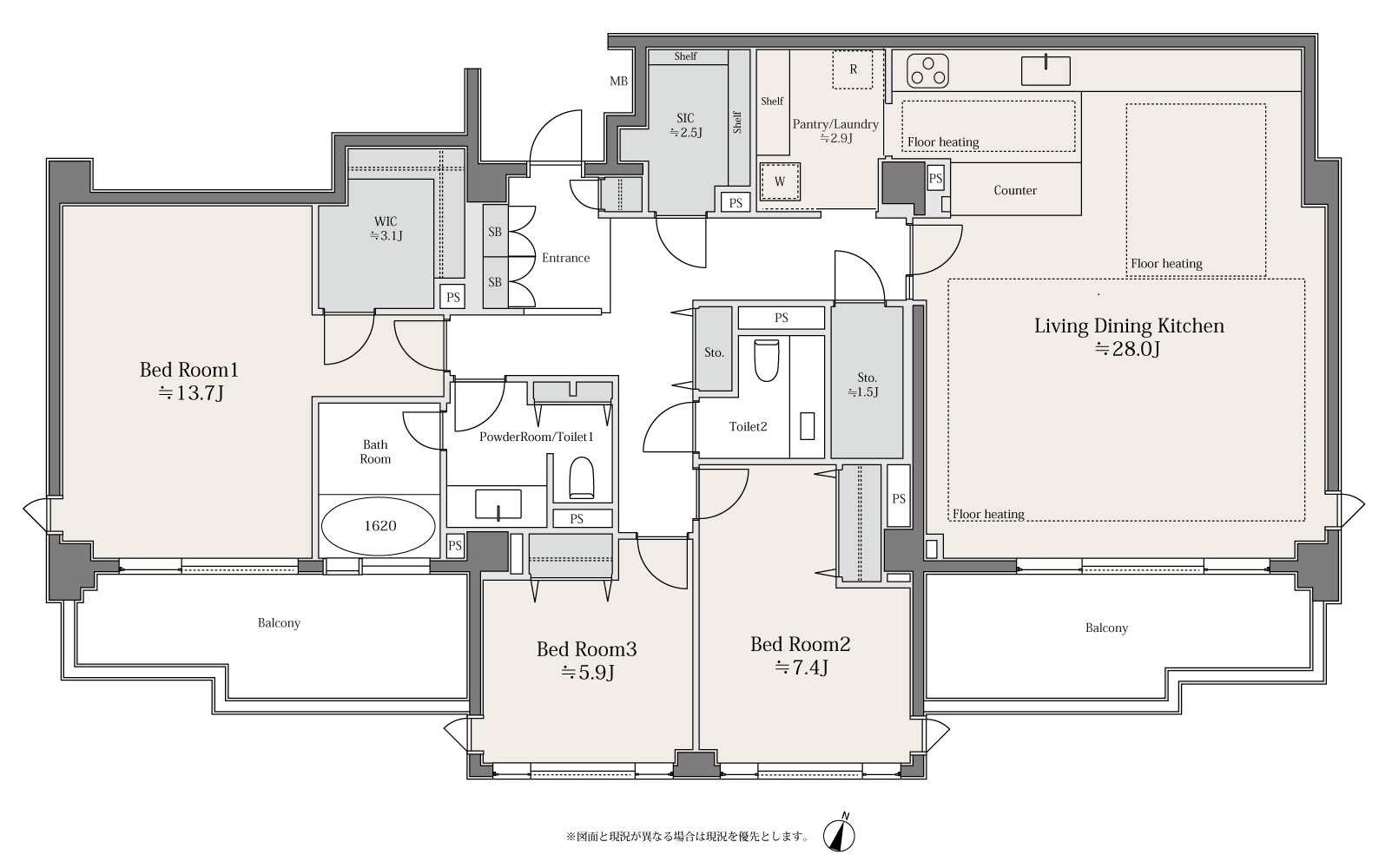 代々木公園パーク・マンション 代々木公園の緑と調和する、全居室南向きの140㎡超3LDK 間取り図