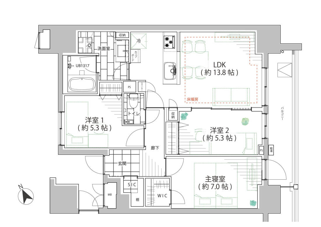 五反田　ペット2匹飼育可、南東向きの光が心地よい3LDK 間取り図