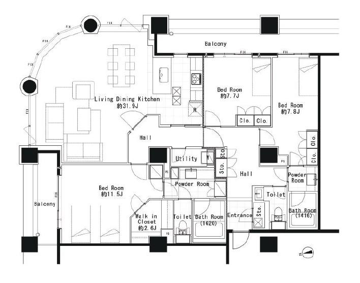 月島 146㎡36階!水と光が織りなす美景を一望できる角部屋 間取り図