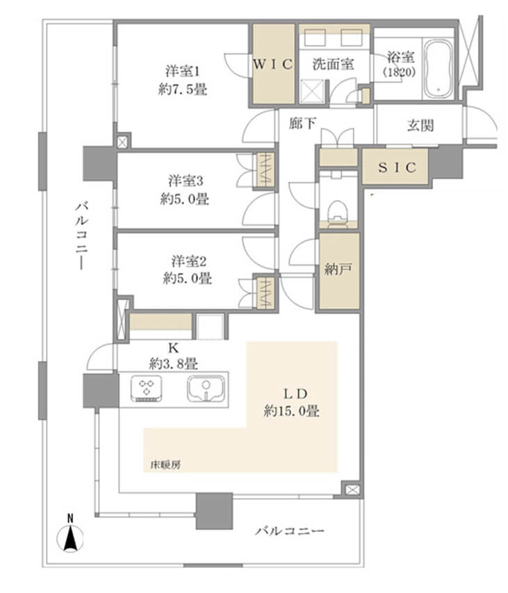 グランドメゾン白金の杜ザ・タワー　約36㎡の広々バルコニー付の角部屋3LDK 間取り図