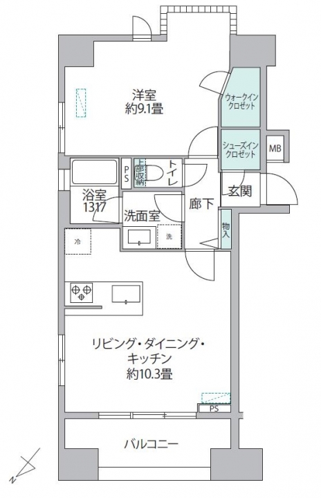 新宿　都心の利便性と自然が調和した住環境、ペットと暮らせる1LDK角住戸 間取図