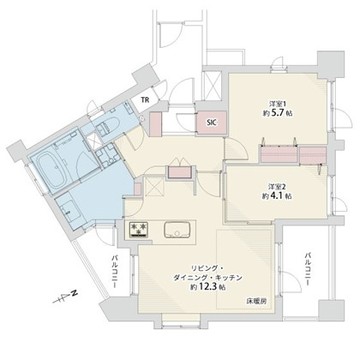 水道橋　四方角部屋、風が通り抜ける2LDK 間取り図