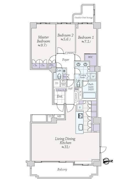 広尾ガーデンヒルズ・サウスヒルD棟　東京タワーが望める127㎡の3LDK 間取図
