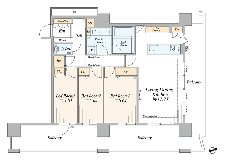 品川　広がる青空と風を感じる、L字バルコニーの住まい 間取り図