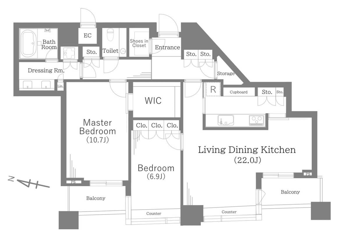 パークコート赤坂ザタワー　赤坂御所の緑を見下ろせる39階部の2LDK 間取図