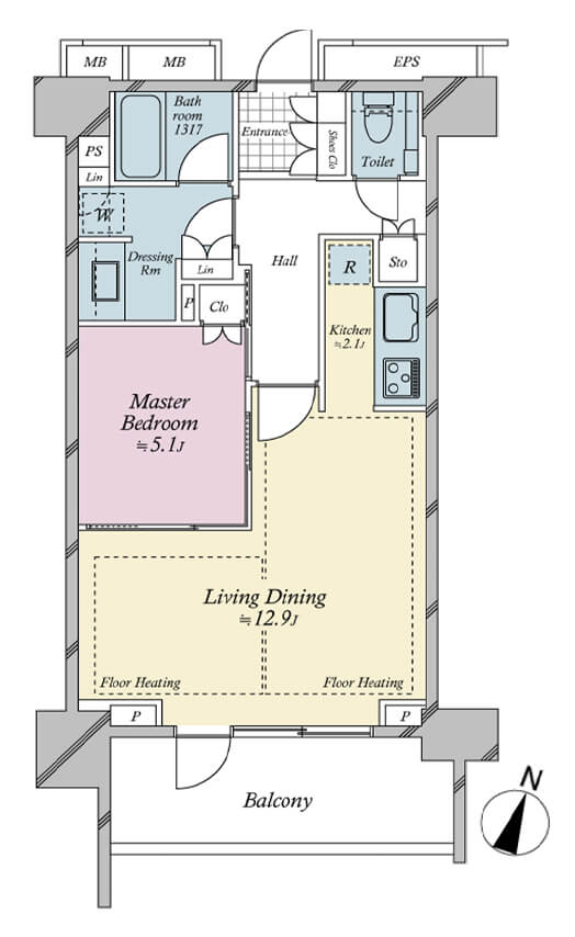 パークコート千代田一番町　未入居物件、空間を繋げて広々過ごせる1LDK 間取図