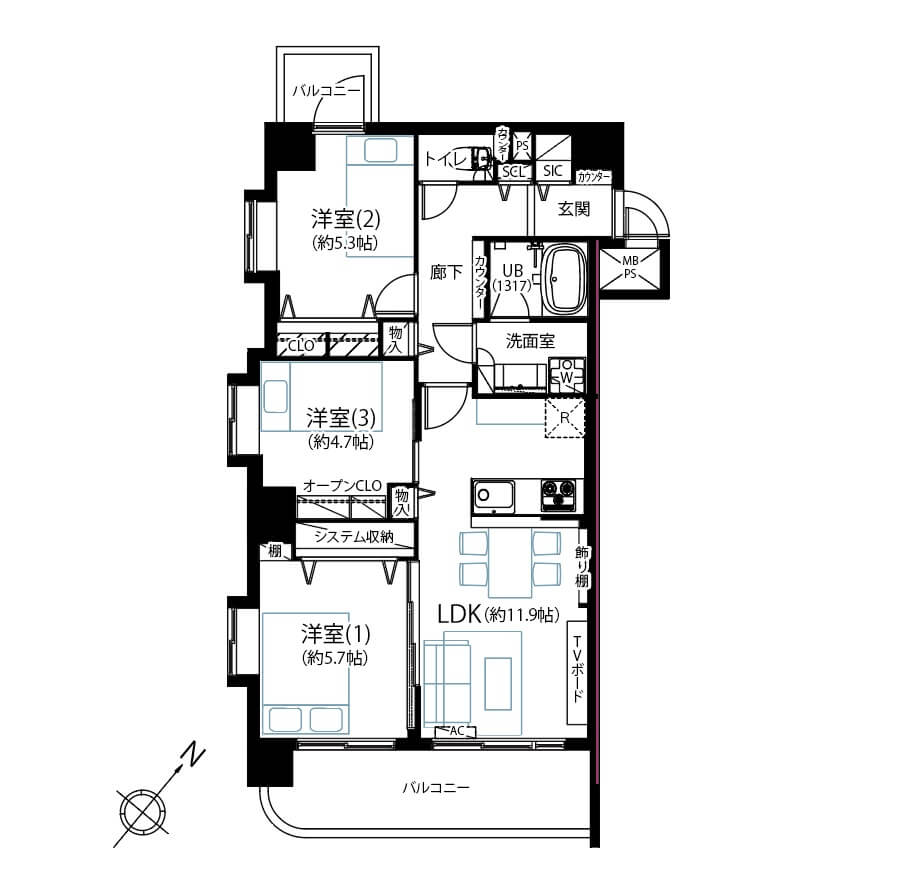 都立大学　全居室窓付き、角部屋3LDK 間取図