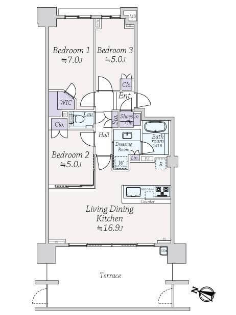 池尻大橋　約23㎡のゆとりあるテラス空間でほっと一息 間取り図