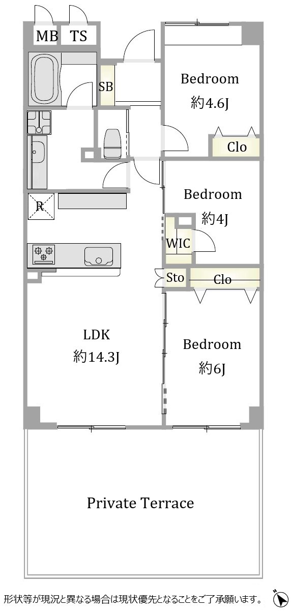 目黒　池田山エリアの低層マンション、専用庭が付いた南西向き3LDK 間取図