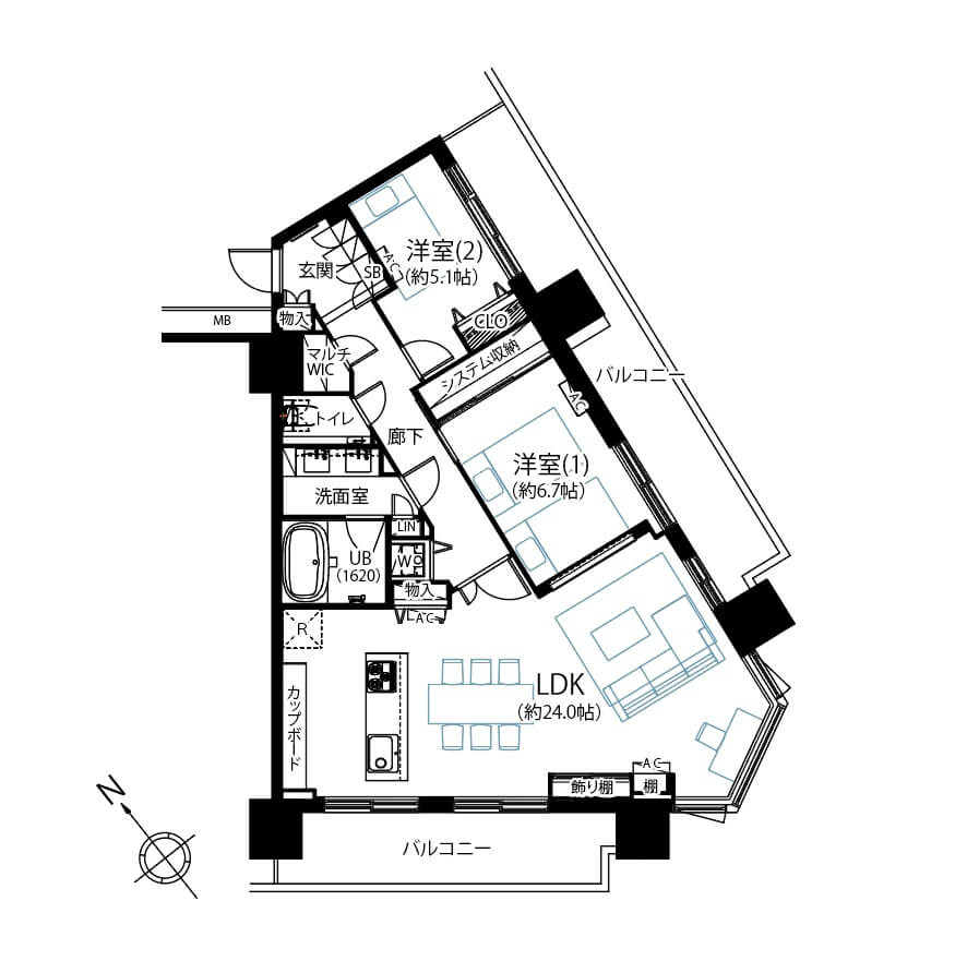 プリズムタワー　富士山も望める25階部分の三方角部屋 間取り図