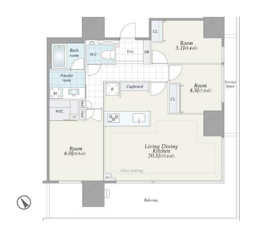 ウェリスタワー愛宕虎ノ門　東京タワーの煌めきを享受する、南東角部屋 間取図