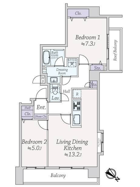 築地　複数路線利用可能！通風が良好な角部屋 間取図
