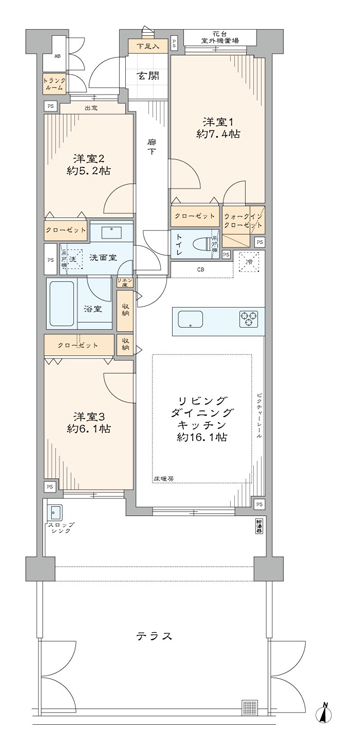 パークハウス荻窪　広々テラス付き！ペットと暮らせる南向き3LDK 間取図