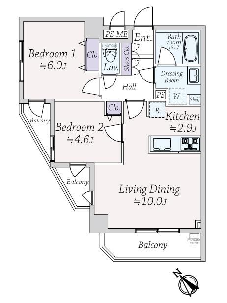 五反田　池田山エリア、日当たり良好な南西角住戸 間取図