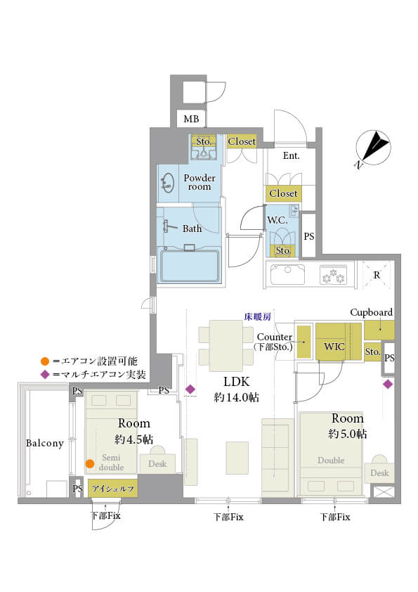 築地　2018年竣工の築浅レジデンス、見晴らし良好の2LDK 間取り図