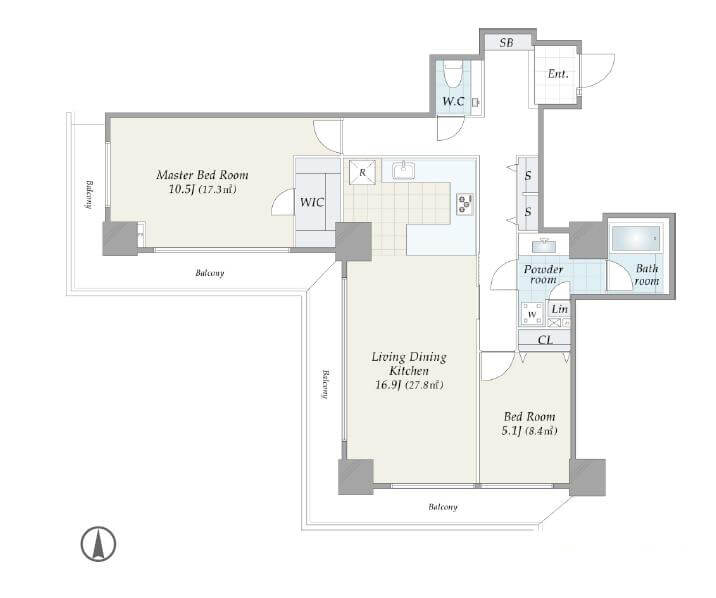 恵比寿ガーデンテラス壱番館　恵比寿の美景を堪能、気品漂う15階2LDK 間取図