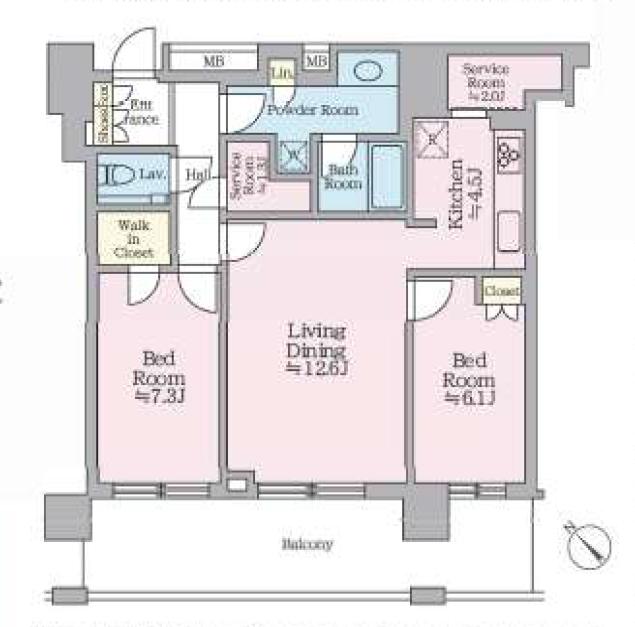 池尻大橋　青空と天空庭園の緑に癒される、26階2LDK 間取り図