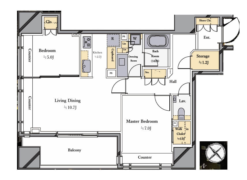 パークタワー渋谷本町　新宿エリアのビル群が望める、19階部の2LDK 間取図