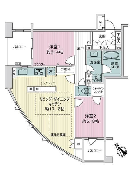 駒込　風が通る2面バルコニー付きの角部屋 間取図