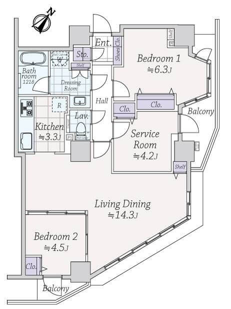 ソフィアタワー勝どき　大きな窓で開放感たっぷりのリビングダイニング 間取図