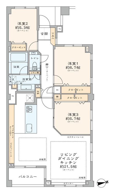 代々木八幡　低層レジデンスの最上階、ゆとり溢れる3方角部屋 間取図