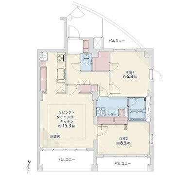 高輪台　全居室バルコニー付、南向きで陽当たり良好の2LDK 間取図