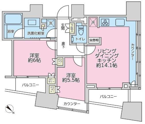 ザ・パークハウス三軒茶屋タワー　21階部、開放感あふれる二面採光 間取り図