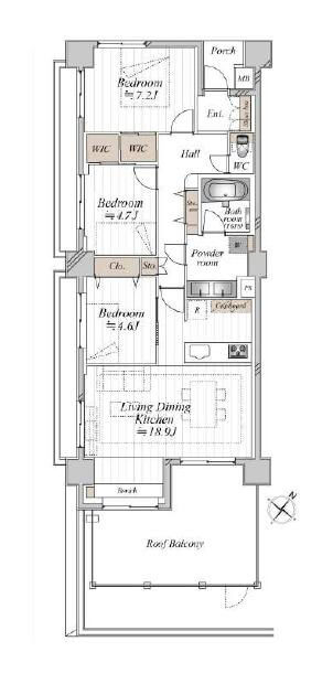 中目黒　19㎡超えのルーフバルコニー付き！気分転換もしやすい三方角部屋 間取図