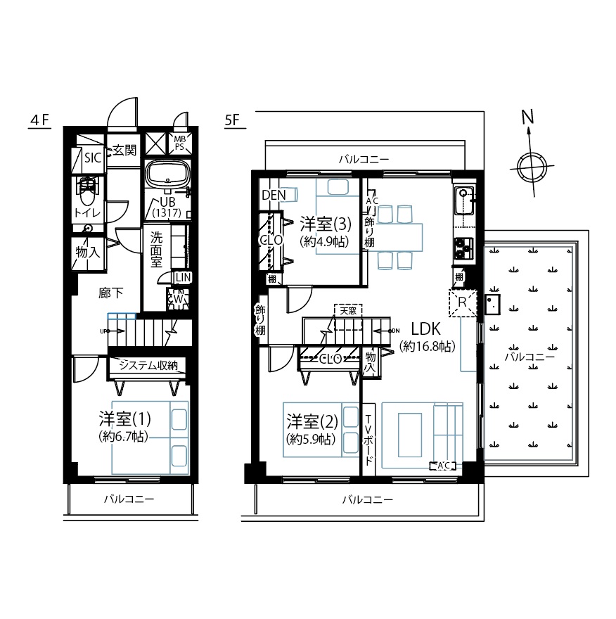 麻布十番　三方角の光に満ちる、最上階メゾネット 間取図