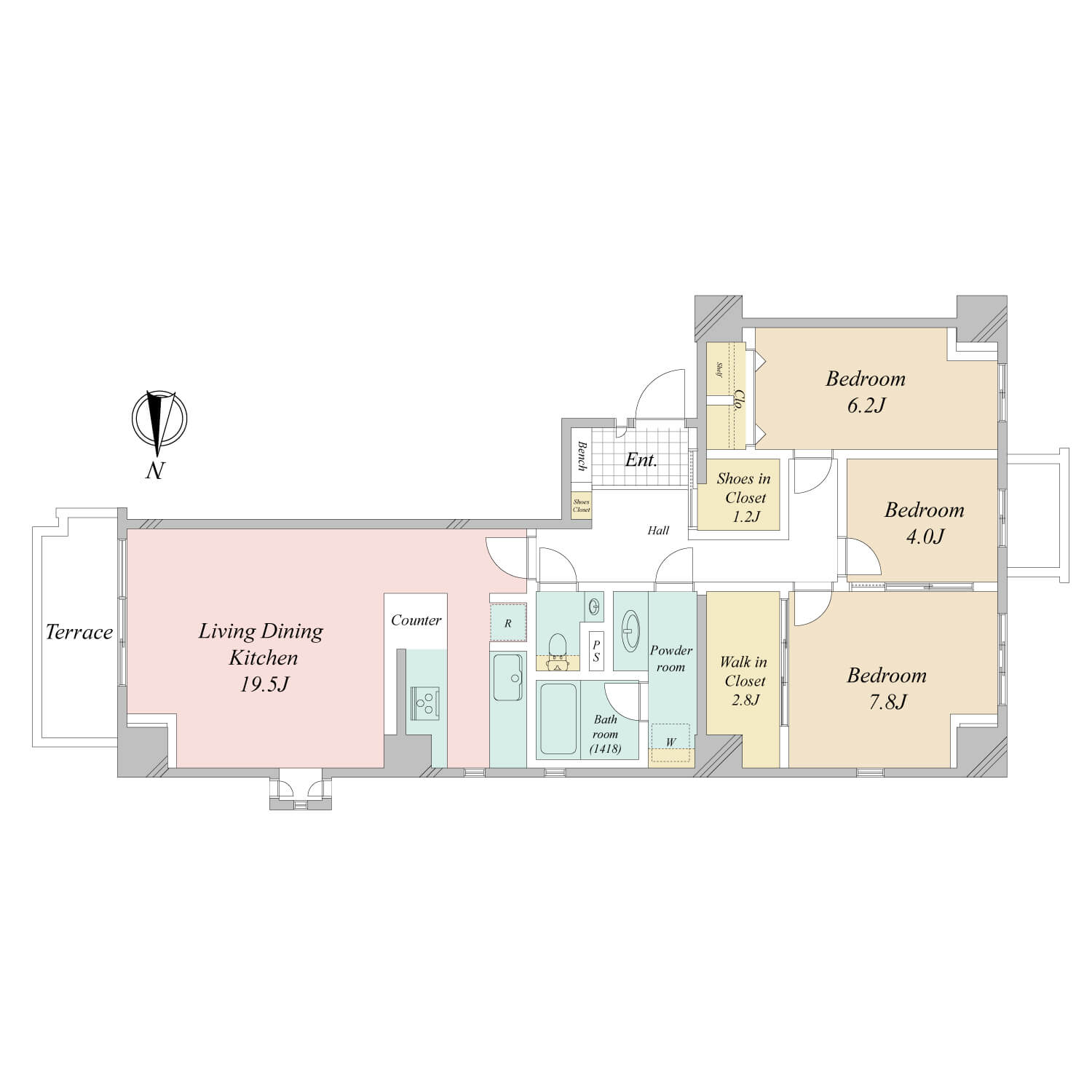 広尾ガーデンヒルズウエストヒルK棟　専用駐車場有、約90㎡の3LDK 間取図