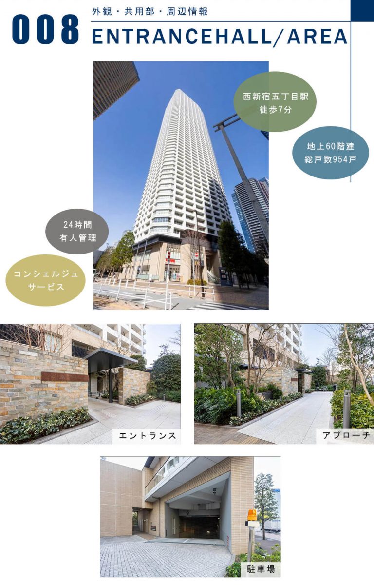 ザ・パークハウス西新宿タワー60の外観と共用部